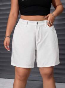 SHEIN ICON Plus Size Solid Pocketed Relaxed Fit Casual Denim Shorts - White - View 5