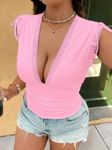 Calvaya 1pc Women Plus Size V-Neck Lace Patchwork Drawstring Hem Fitted Casual/Date Top - Pink - View 4