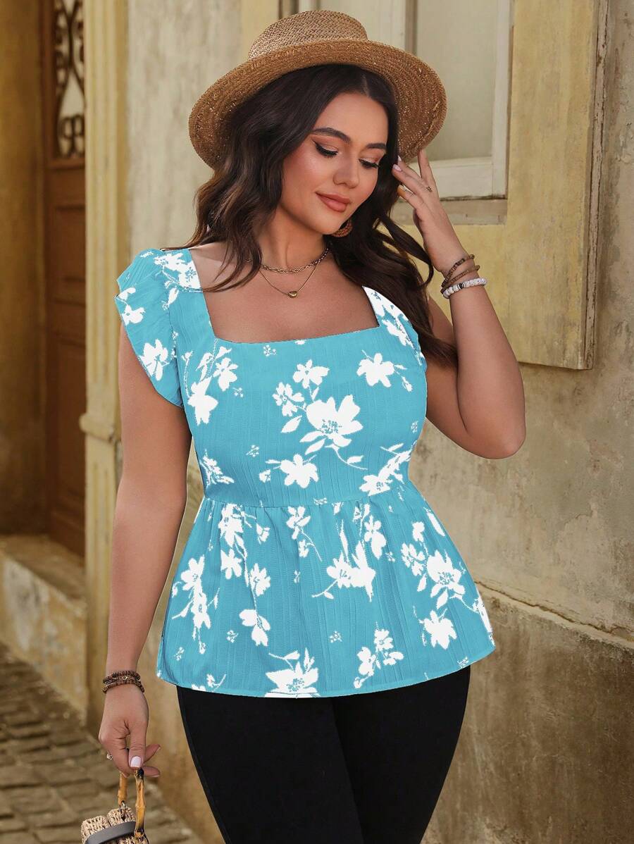 SHEIN Unity Plus Size Women Floral Pattern Ruffle Cap Sleeve Blouse Easter Wear - Blue - View 1
