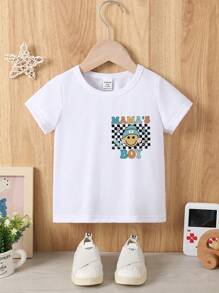 Baby Boy Summer Casual Cute Checkerboard Face "MAMA's BOY" Letter Print Short Sleeve Round Neck T-Shirt