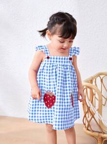 Cozy Pixies Baby Girl Strawberry Pattern Square Neck Ruffle Hem Cinched Waist Sleeveless Dress - Blue - View 11