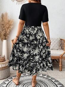 SHEIN LUNE Plus Size Elegant Floral Print Lace Patchwork Dress - Black - View 2