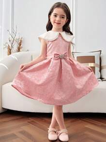 Young Girl Pearl Decor Large Lapels Patchwork Patchwork Floral Jacquard Midi A-Line Dress, Shawl Neck, Cake Dress, Flower Girl, Cute & Elegant & Sweet & Vintage & Fashionable. Mom And Daughter & Sisters Matching, Family Vacation, Daily Wear, Home Family Gatherings And Special Occasions, Sibling Outfits, Gorgeous Princess, Party Wear, For Birthdays, Spring/Summer. - Pink - View 3