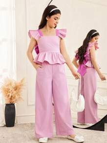 SHEIN Set de 2 piezas con camisa y pantalones de niña preadolescente en estilo informal con patchwork, color contrastante y volantes - Rosa - Ver 5