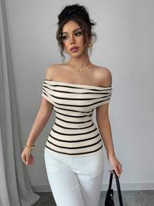 Elenzga Elegant French Vintage Striped Off-The-Shoulder T-Shirt, Boho Holiday & Casual Daily Wear - Apricot - View 3