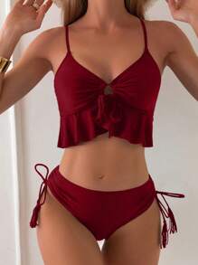 Swim Basics 女士纯色系带性感比基尼泳装套装，夏季海滩风格 - 酒紅色 - 查看 1