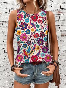 SHEIN LUNE 大码女式热带花卉和鹦鹉图案亮色印花无袖上衣和吊带背心，适合春夏季假期 - 彩色 - 查看 1