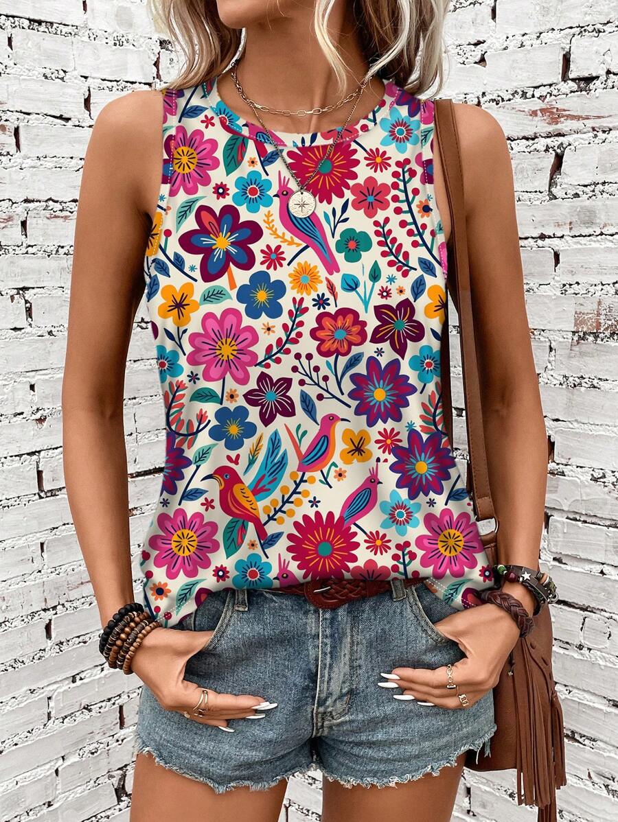 SHEIN LUNE 大码女式热带花卉和鹦鹉图案亮色印花无袖上衣和吊带背心，适合春夏季假期 - 彩色 - 查看 1