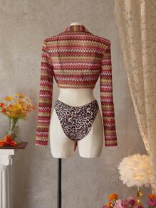 SHEIN Swim Women All-Over Print Twist Front Long Sleeve Cover Up Top, Suitable For Summer