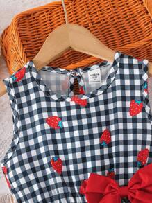 2pcs/Set Girls Spring/Summer Sleeveless Cute Strawberry Pattern Plaid Shirt With Bow Design And Shorts - Multicolor - View 8