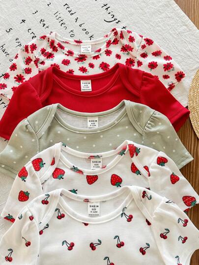 SHEIN LMoss Kids 5-Piece Set Newborn Baby Girl Summer Cute Knit Ditsy Floral Polka Dot Cartoon Print Short Sleeve Bodysuit