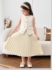 SHEIN 2pcs Set Young Girl Elegant Sleeveless Blazer Vest & Pleated Skirt Suit,Mom And Daughter & Sisters Matching Style Matching