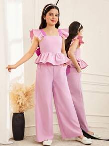 SHEIN Set de 2 piezas con camisa y pantalones de niña preadolescente en estilo informal con patchwork, color contrastante y volantes - Rosa - Ver 2