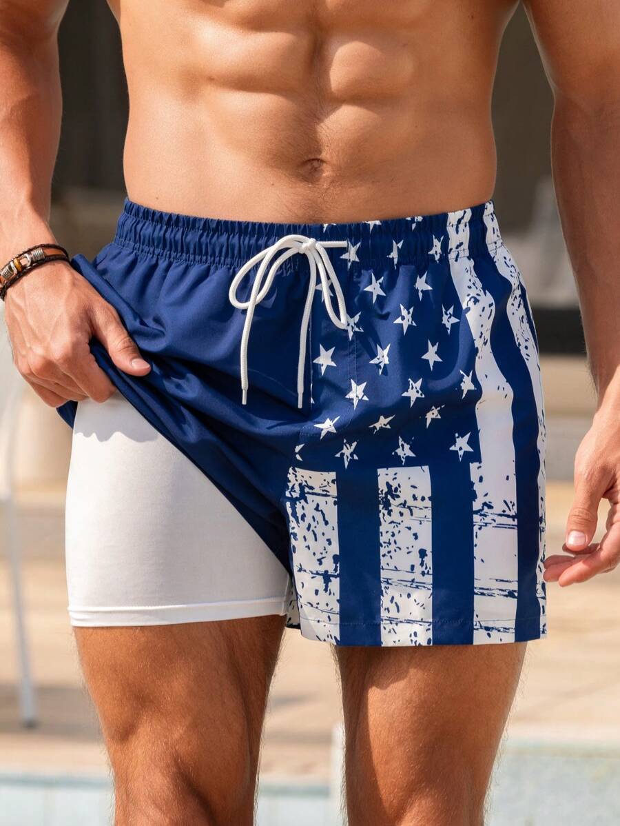 Manfinity Swimmode Men's American Flag Print Drawstring Waist Beach Shorts, Summer - Navy Blue - View 1