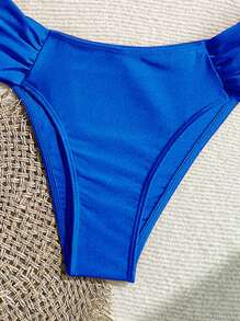 Swim Basics 女士春假性感金属装饰素食高腰褶皱细肩带比基尼套装，夏季泳装 - 寶藍色 - 查看 4