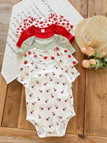 SHEIN LMoss Kids 5-Piece Set Newborn Baby Girl Summer Cute Knit Ditsy Floral Polka Dot Cartoon Print Short Sleeve Bodysuit