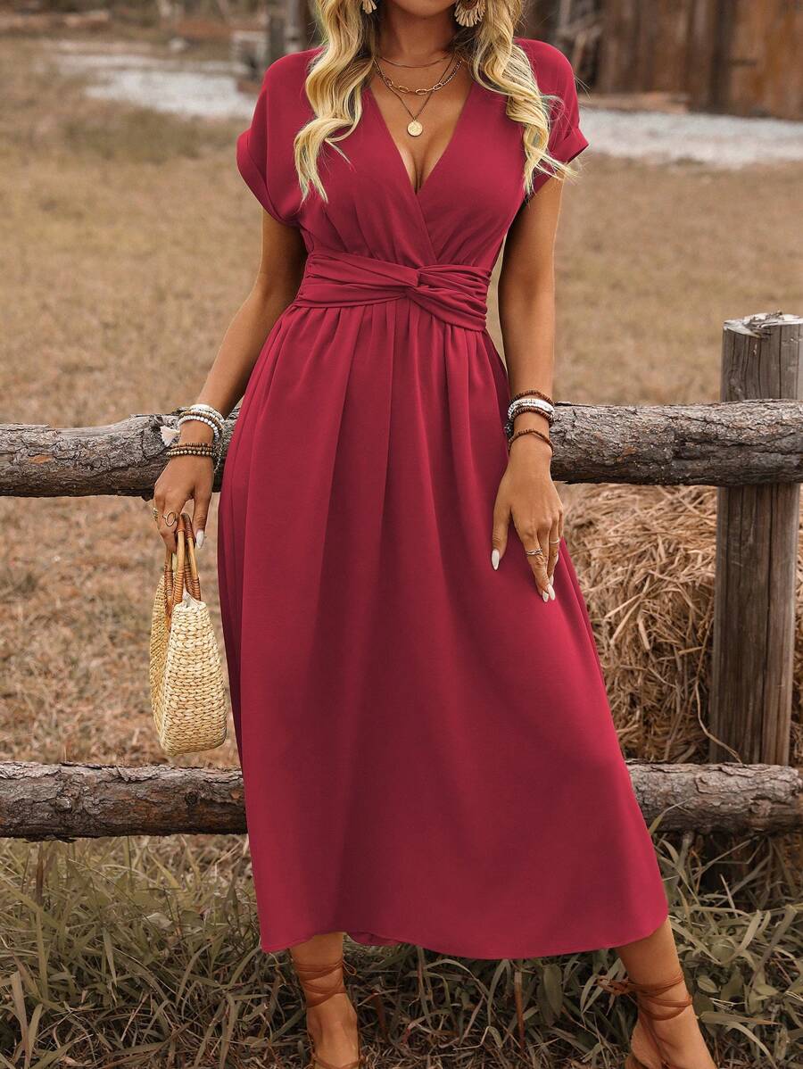 EMERY ROSE Women's Cross Shirred Cinched Waist Knot Back Drop Shoulder A-Line Midi Dress, Casual Boho Vacation Style, Spring/Summer