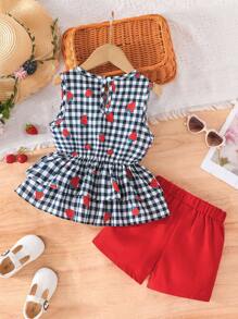 2pcs/Set Girls Spring/Summer Sleeveless Cute Strawberry Pattern Plaid Shirt With Bow Design And Shorts - Multicolor - View 2