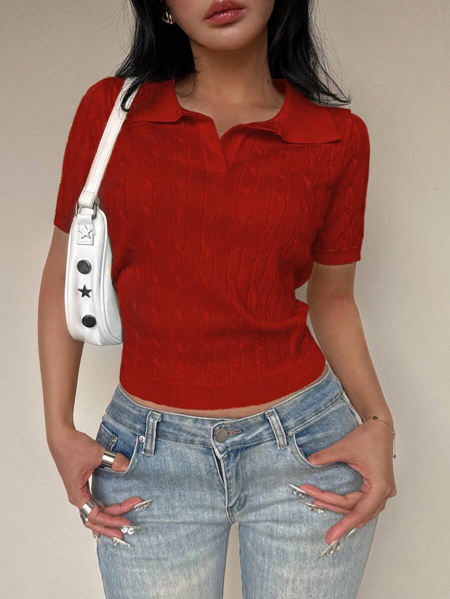 Flirla 短袖扭结领纯色休闲针织上衣 - 紅色 - 查看 1
