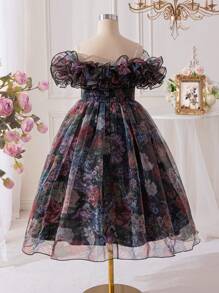 SHEIN Tween Girl Elegant Multi-Layered Ruffle Floral Print Mid-Length Dress Holiday Outfits - Black - View 8