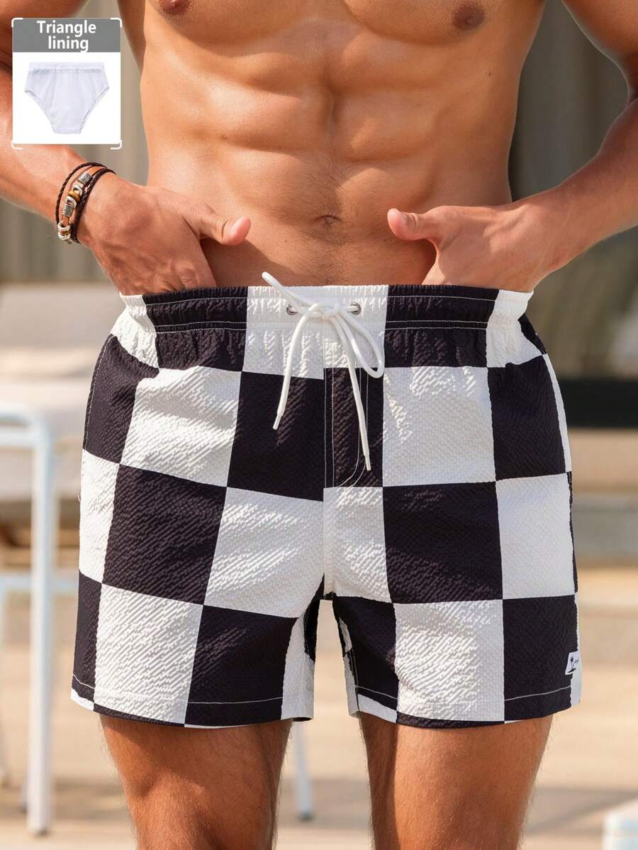 ZELFYO Men's Checkerboard Print Drawstring Waist Beach Shorts, Summer - Black and White - View 1