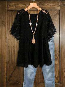 SHEIN LUNE Cămașă din dantelă cu îmbinare în jacquard de mărime Plus, potrivită pentru vară