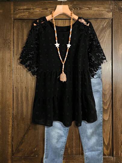 SHEIN LUNE Plus Size Women Jacquard Splicing Lace Shirt, Suitable For Summer