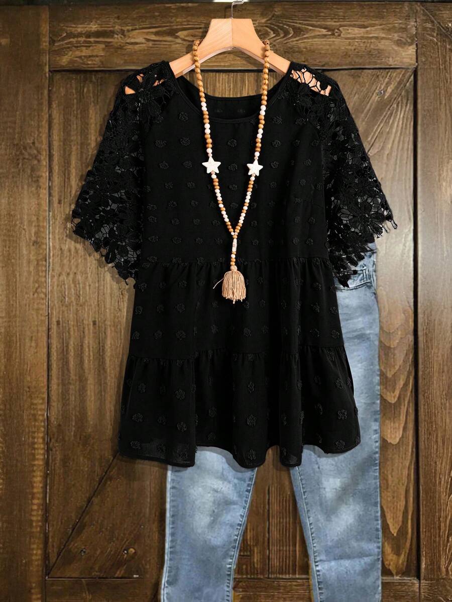 SHEIN LUNE Cămașă din dantelă cu îmbinare în jacquard de mărime Plus, potrivită pentru vară