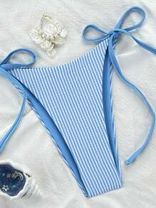 Swim Mod 2pcs/Set New Crinkle Striped Halter Tie Side High Cut Spaghetti Strap Bikini Swimwear, Blue & White Beach Vacation Women Swimwear For Summer - Blue - View 5