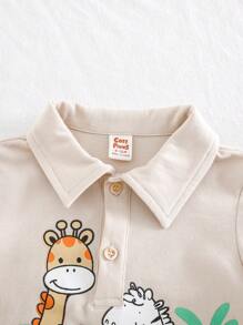 Cozy Pixies 2pcs/Set Baby Boy Cartoon Animal Pattern Polo Collar Short Sleeve Top And Casual Shorts Set