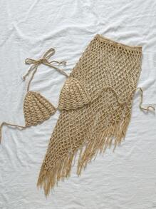Swim Vcay Women Gold Crochet Shawl Set For Resort, Beach For Summer Beach Vacation