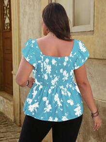 SHEIN Unity Plus Size Women Floral Pattern Ruffle Cap Sleeve Blouse Easter Wear - Blue - View 2