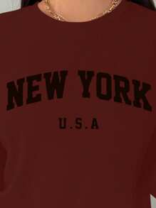 Zolique Kaos Lengan Panjang Wanita dengan Motif Huruf, Kaos Kasual, Atasan untuk Musim Semi dan Gugur - Burgundy - View 3