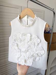 SHEIN 青少年女孩休闲简约舒适镂空罗纹无袖花卉印花衬衫 - 白色 - 查看 5