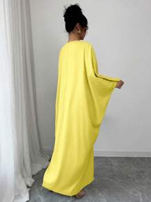 Elenzga Drop Shoulder Linen Long Dress With Gold Neckline - Yellow - View 2