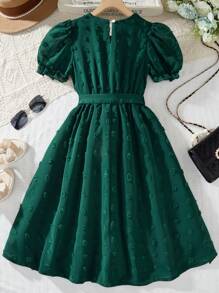SHEIN Tween Girl Fuzzy Jacquard Lined Puff Sleeve Dress With Belt, Droplet Collar Casual Dress - Dark Green - View 2