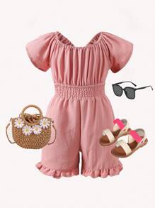 Young Girl 3D Bow Backless Jumpsuit, Off Shoulder & Conventional Styles - Pink - View 2