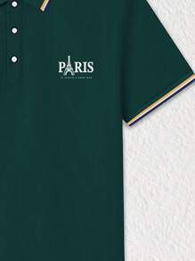 Manfinity Dauomo Men's Summer Casual Eiffel Tower Logo Print Short Sleeve Polo Shirt - Dark Green - View 3