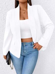 SHEIN PETITE Blazer casual fin à manches longues avec col châle en couleur unie pour grandes tailles