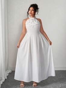 SHEIN LUNE 大码夏季优雅花卉3D装饰挂脖连衣裙 - 白色 - 查看 8