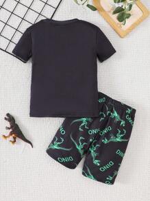 SHEIN Dozemod Kids Boy Glow-In-The-Dark Cartoon Dinosaur Print Round Neck Short Sleeve T-Shirt And Shorts Knit Soft Snug Fit Pajama Set, 2 Pieces - Black - View 2