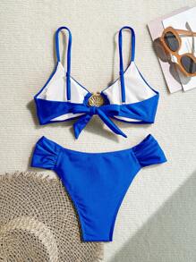 Swim Basics 女士春假性感金属装饰素食高腰褶皱细肩带比基尼套装，夏季泳装 - 寶藍色 - 查看 2