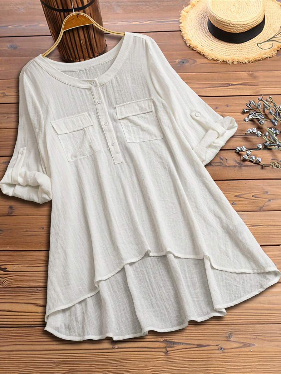 SHEIN LUNE Plus Size Solid Color Front Button Pocket High Low Casual Shirt - White - View 1