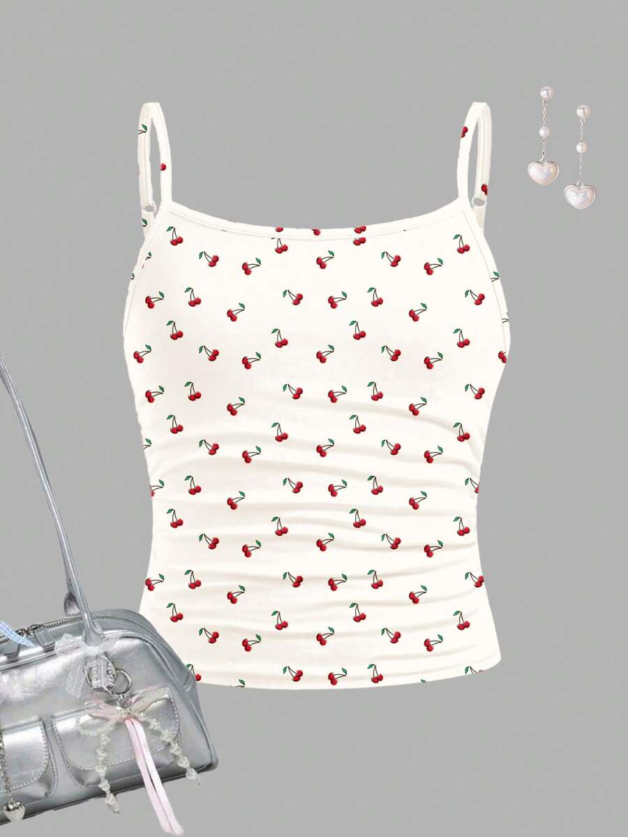Tween Girl Slim Fit Vintage Cherry Print Form-Fitting Camisole Crop Top, Creamy White, Summer - Multicolor - View 1