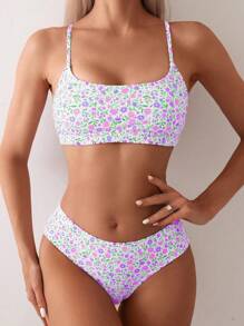 SHEIN Swim 女士夏季沙滩碎花性感比基尼泳装套装 - 紫色 - 查看 1