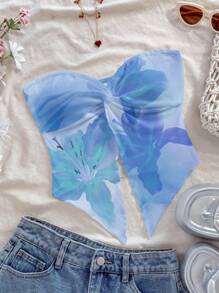 Soleia Vacation Style Orange Tropical Floral & Blue Hibiscus Tie Dye Pattern Twist Asymmetrical Hem Women Blouse, Suitable For Spring/Summer Holiday,Rave Top Suitable For Going Out - Baby Blue - View 6