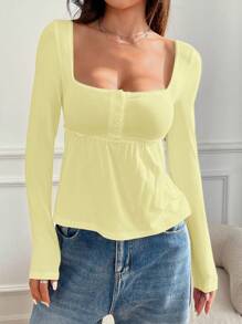 SHEIN EZwear Áo thun dài tay trơn màu đơn giản dành cho nữ, giản dị và đa năng - Màu vàng - Xem 4