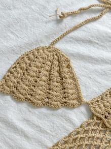 Swim Vcay Women Gold Crochet Shawl Set For Resort, Beach For Summer Beach Vacation