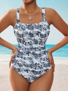 Swim Mod 1pc Women's All-Over Print Vacation Beach Monokini Swimsuit For Summer - Black and White - View 3