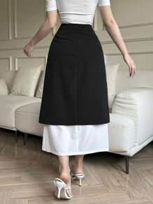 DAZY 撞色拼接半身裙，荷叶边设计，适合女性穿着。 - 黑色 - 查看 2